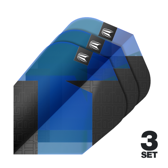 Das Bild zeigt drei blaue Dartflights der Marke Target Pro Ultra TAG Blau Ten-X Standard. In der rechten unteren Ecke steht "3 SET", was auf drei enthaltene Sets hinweist.