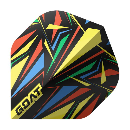 Das Bild zeigt das Produkt "GOAT Athlete Yellow No2 Standard Flights". Das Flight hat ein auffälliges, buntes Design mit gelben, roten, blauen und grünen Zickzacklinien auf schwarzem Hintergrund und dem Schriftzug "GOAT".