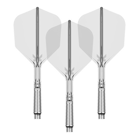 Das Bild zeigt ein Set transparenter Dart-Flights. Sie sind im No.6-Design und 33 mm lang.