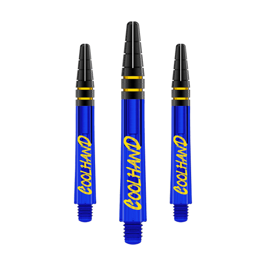 Red Dragon Nitrotech Luke Humphries Coolhand šachty - modré Das Bild zeigt drei blaue Dartschäfte mit der gelben Aufschrift "COOLHAND". Die Schäfte haben schwarze und goldene Ringe am oberen Ende.