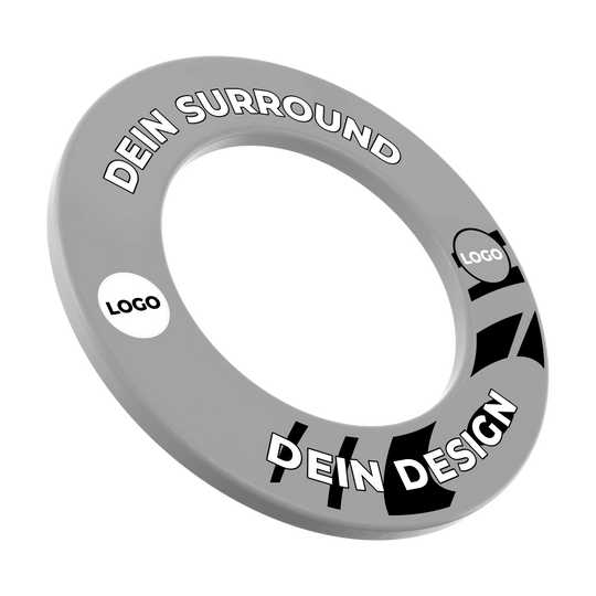 Obložení terče s vaším designem Ein Dartboard-Surround in Grau ist abgebildet. Es ist mit individuellem Druck versehen.
