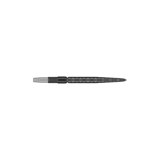 Zaměřte hroty šipek Swiss Diamond Pro Black Points Dies ist eine schwarze Dartspitze mit einem diamantförmigen Muster. Sie ist vorne spitz zulaufend und hat eine silberne Befestigung am hinteren Ende.
