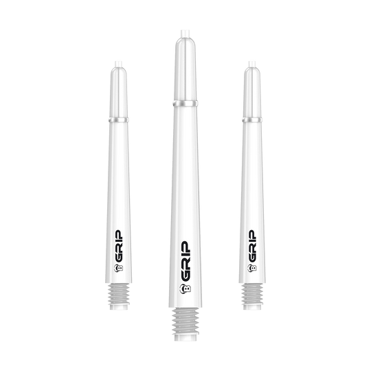 BS55059_Bulls_B-Grip-2_SL_Shafts_Weiss_48mm_1 Das Bild zeigt drei weiße Dart-Schäfte des Produkts "Bulls B-Grip-2 SL Shafts". Auf jedem Schaft ist das Logo sowie das Wort "GRIP" aufgedruckt.
