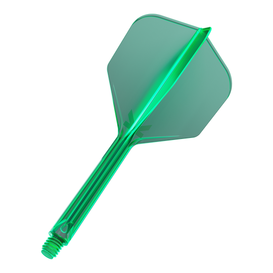 Das Bild zeigt einen grünen Dart-Flügel mit Schaft. Er ist transparent und hat eine Schraubverbindung am unteren Ende.
