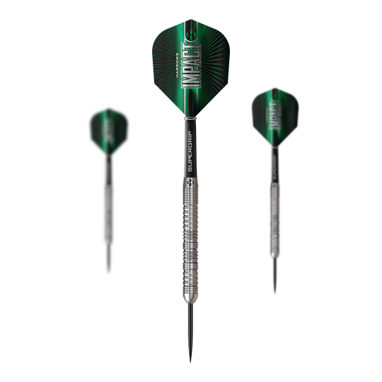 Ocelové šipky Harrows Impact Dieses Bild präsentiert ein Set Harrows Impact Steeldarts. Das Set umfasst mehrere Darts für Steeldartspiele.
