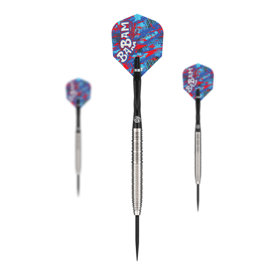 Das Bild zeigt drei Steeldarts aus der Shot Pro Series Bradley Brooks GEN2 mit einem Gewicht von 23g. Die Flights sind bunt gestaltet und tragen die Aufschrift "BABAM".