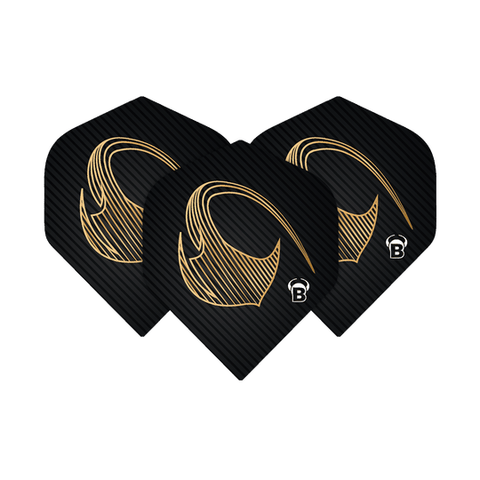 Standardní lety Bulls Metrixx Stingray No2 Das Bild zeigt drei schwarze Dart-Flights mit einem goldenen Muster und dem Buchstaben "B" in der Ecke. Es handelt sich um die Bulls Metrixx Stingray No2 Standard Flights.