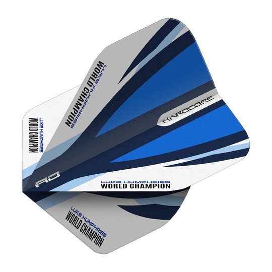 Red Dragon Hardcore Luke Humphries Modrá Bílá Standardní lety Das Bild zeigt die Red Dragon Hardcore Luke Humphries Blue White Standard Flights. Die Dartflights haben ein blau-weißes Design und den Aufdruck "Luke Humphries World Champion".