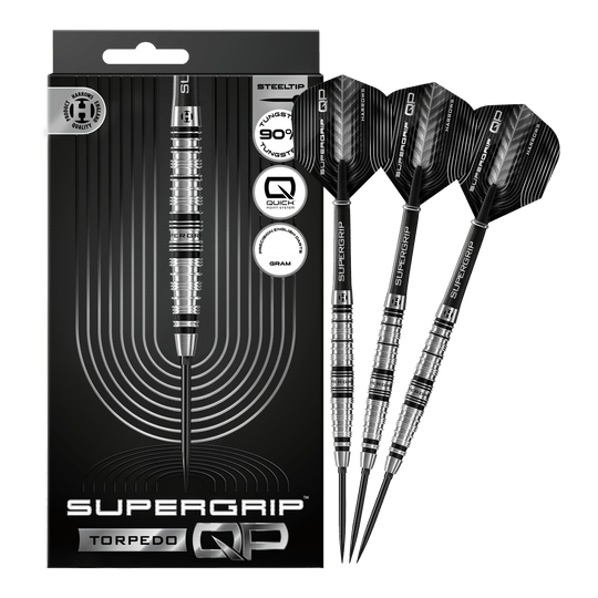Abgebildet sind Harrows Supergrip Torpedo Quick Point Steeldarts. Die Steeldarts sind vollständig dargestellt.
