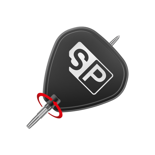 Špičky na šipky Target Swiss Point GRD Silver Das Bild zeigt eine silberne Dartspitze der Marke "Target Swiss Point GRD". Die Spitze ist an einem schwarzen Flightschutz mit den Buchstaben "SP" befestigt.