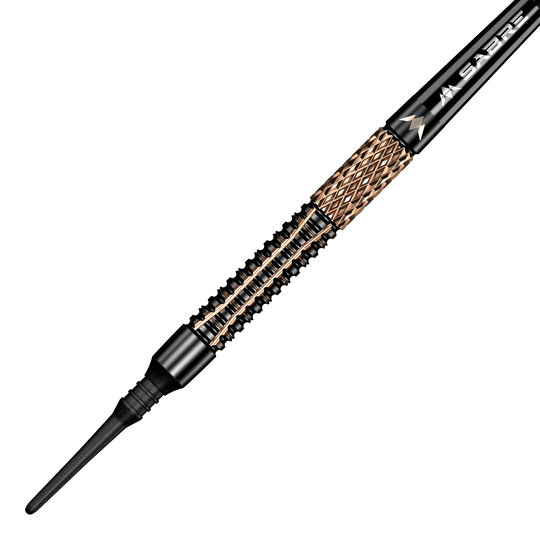 Šipky Mission Horus Softdarts - 19g Das Bild zeigt einen Mission Horus Softdart mit einem Gewicht von 19 Gramm. Der Dart hat ein elegantes Design mit goldfarbenen und schwarzen Elementen.