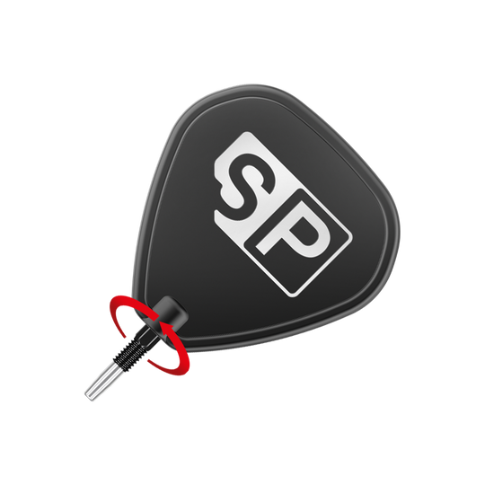 Target Swiss Point Nano Dartspitzen - Black Das Bild zeigt eine schwarze Dartspitze mit einem weißen "SP"-Logo darauf. Ein roter Pfeil deutet auf eine Drehbewegung am unteren Teil der Spitze hin.