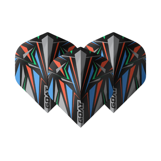 Standardní letky GOAT Athlete Black No2 Das Bild zeigt drei GOAT Athlete Black No2 Standard Flights mit einem auffälligen, bunten geometrischen Muster. Die Flights sind überwiegend in Schwarz gehalten und haben rote, blaue, grüne und graue Akzente.