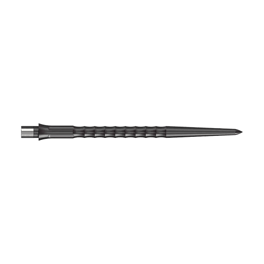 Das Bild zeigt Steeldartspitzen des Caliburn Evo Systems in Schwarz, 40 mm lang. Zwei Spitzen sind sichtbar, die Oberfläche ist geriffelt ohne Lippe.