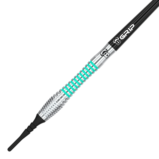 Das Bild zeigt einen Bulls Veco V2 Softdart mit silbernem und türkisfarbenem Griffbereich. Auf dem schwarzen Schaft steht das Wort "GRIP".
