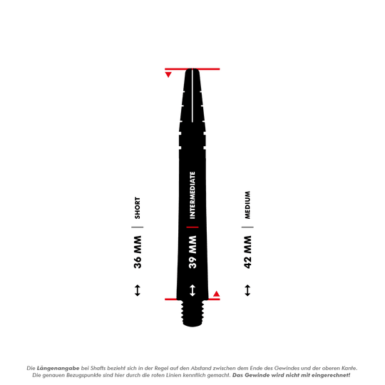Red Dragon Nitrotech Luke Humphries Coolhand šachty - modré Das Bild zeigt einen Dart-Shaft mit einer Länge von 39 mm, der als "Intermediate" gekennzeichnet ist. Es sind auch Vergleichslängen für "Short" (36 mm) und "Medium" (42 mm) angegeben.