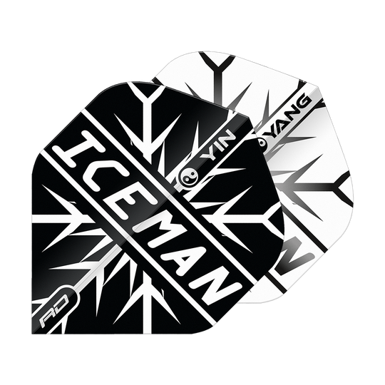Red Dragon Gerwyn Price Iceman Černá Bílá Yin Yang Standardní lety Das Bild zeigt zwei Dart-Flights in Schwarz und Weiß mit einem Yin-Yang-Design. Auf dem vorderen Flight steht in großen Buchstaben „ICEMAN“.