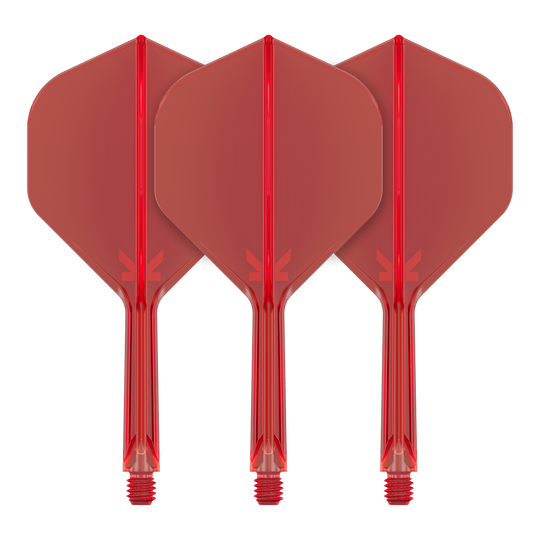 Auf dem Bild sind drei rote Dartflights mit integrierten Schäften zu sehen. Sie stehen nebeneinander in einer aufrechten Position.