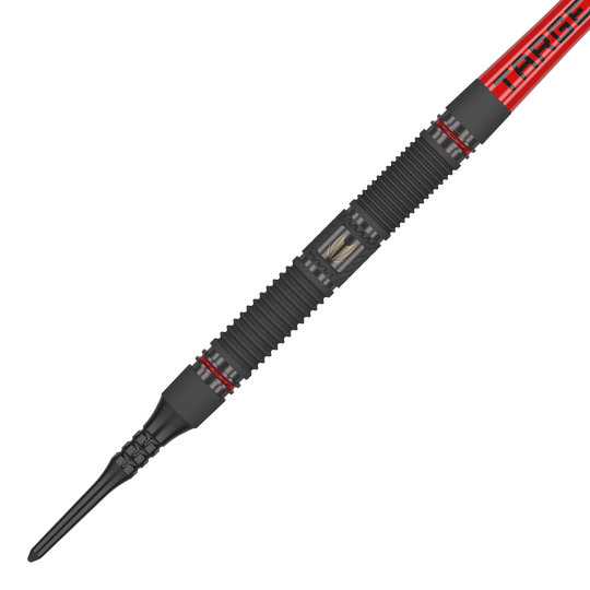 Target Scope 10 měkkých šipek Das Bild zeigt einen Target Scope 10 Softdart mit einem schwarzen, geriffelten Griff und roten Akzenten. Der Dart hat eine rote Fliege mit der Aufschrift "TARGET".