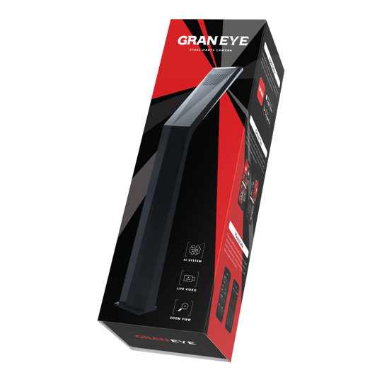 Systém automatického bodování GranDarts Gran Eye GEN2 Steeldart Das Bild zeigt die Verpackung des Produkts "GranDarts GranEye Steeldart Auto-Scoring-System". Auf der Schachtel sind ein Bild des Geräts sowie Hinweise auf Funktionen wie KI-System, Live-Video und Zoom-Ansicht abgebildet.