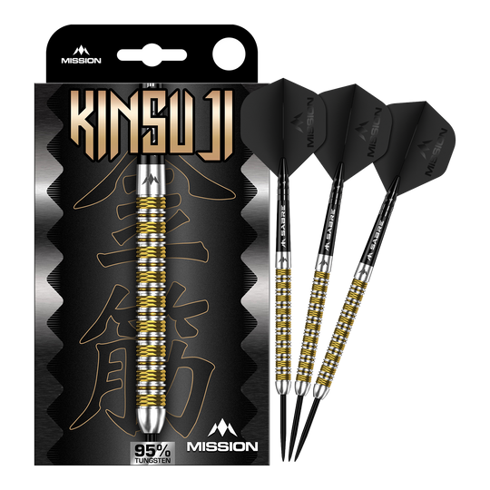 Mise Kinsuji Steeldarts Zu sehen ist ein Satz Mission Kinsuji Steeldarts. Die Dartpfeile sind vollständig dargestellt.