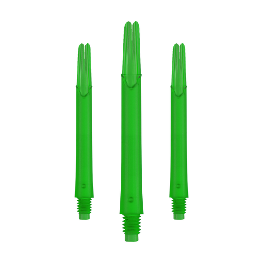 Auf dem Bild sind drei grüne, gerade Dartschäfte zu sehen. Sie sind jeweils unten mit einem Gewinde versehen und stehen nebeneinander.