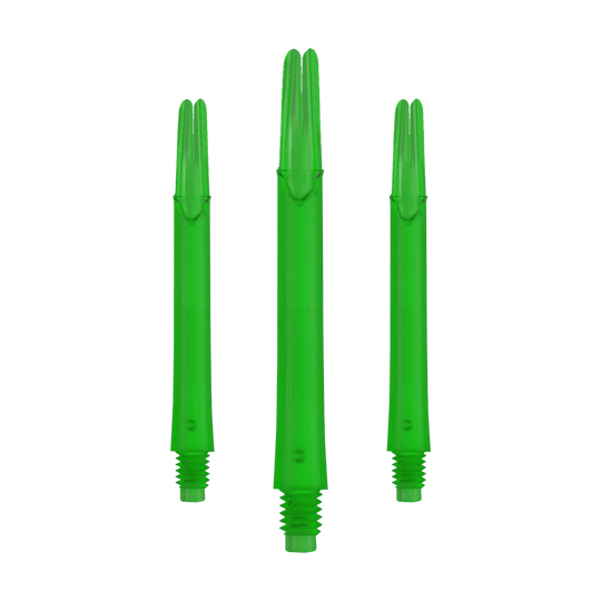 L-tvarované L-hřídele, zajištěné rovné - zelené Auf dem Bild sind drei grüne, gerade Dartschäfte zu sehen. Sie sind jeweils unten mit einem Gewinde versehen und stehen nebeneinander.