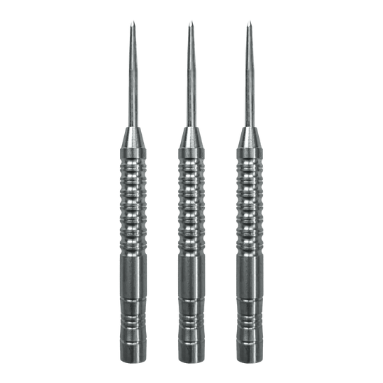 Das Bild zeigt drei silberne Steeldart-Barrels mit gerilltem Griff. Es handelt sich um das Produkt "McDart Spectre V34 Steeldart Barrels - 22g".