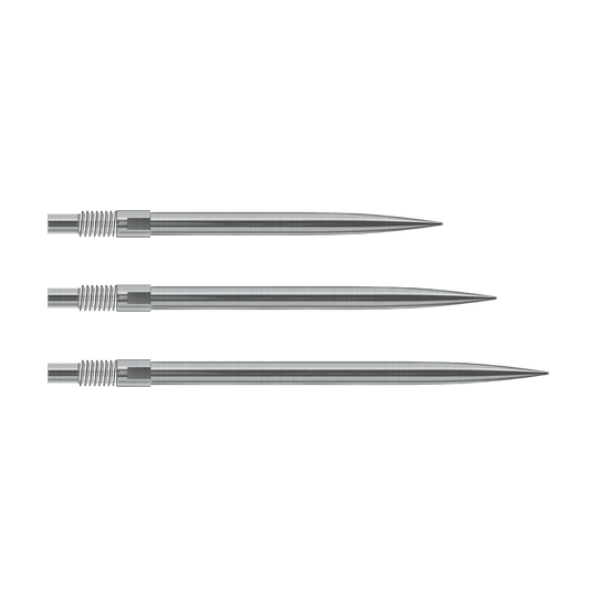 Das Bild zeigt silberne Harrows Quick Point Dartspitzen. Sie sind für Dartspieler zum einfachen Wechsel der Spitzen gedacht.