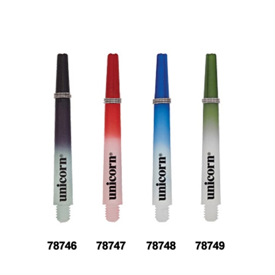 78746 Das Bild zeigt vier kurze Unicorn Gripper III Two Tone Shafts in verschiedenen Farben. Jeder Shaft hat einen Farbverlauf und die Aufschrift "unicorn".