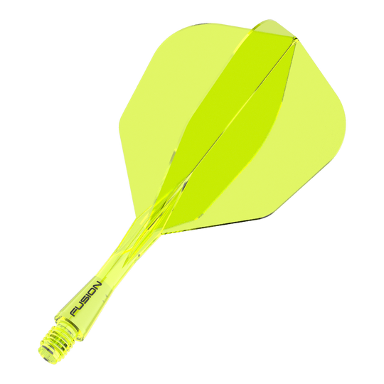 Letka Winmau Fusion System č. 6 neonově žlutá Das Bild zeigt ein neon-gelbes Dartflight- und Shafts-System. Auf dem Schaft steht das Wort "FUSION".