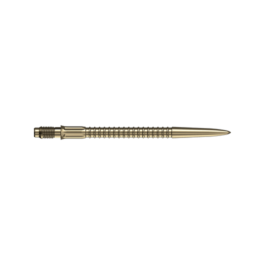 Špičky na šipky Mission R2.5 Rapid Point GV1 - zlaté Mehrere goldene Dartspitzen mit einer Länge von 35mm sind dargestellt. Sie eignen sich als Ersatzteile für Dartfans.