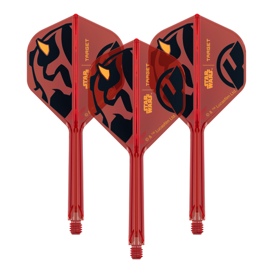 Target Star Wars K-Flex Darth Maul No2 Standard Flights Ein Set von Dart-Flights der Star Wars KFlex Darth Maul No2 Serie ist zu sehen. Die Flights sind mittellang und 33 mm groß.