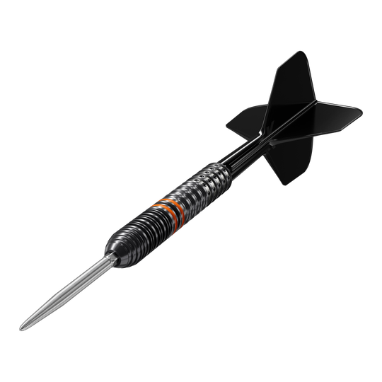 Das Bild zeigt einen Target Japan Black Marque Morpheus GEN2 Steeldart. Der Dartpfeil ist schwarz mit silbernen und orangefarbenen Akzenten.