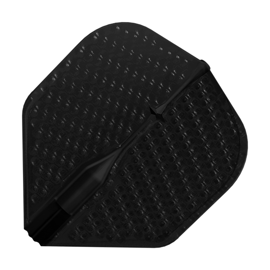 Letky ve stylu L Dimple Champagne L1EZ Standard Dieses Bild zeigt einen schwarzen Dartflight mit einer Dimple-Oberfläche. Das Flight hat eine polygonale Form und eine strukturierte Oberfläche für besseren Halt.