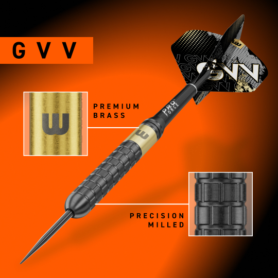 Winmau Gian Van Veen jádro mosazné Steeldarts - 21g Abgebildet sind Winmau Gian Van Veen Core Brass Steeldarts mit 21 Gramm. Das Foto zeigt den Dartpfeil in voller Länge.