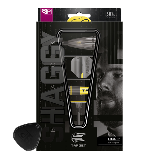 Šipky Target Scott Williams Shaggy Black Swiss Point Steel Das Bild zeigt die Verpackung der "Target Scott Williams Shaggy Black Swiss Point Steeldarts". Auf der Verpackung sind ein abgebildeter Dartpfeil sowie das Gesicht eines Mannes zu sehen.