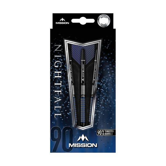 Měkké šipky Mission Nightfall Model 1 Das Bild zeigt die Verpackung der "Mission Nightfall Model 1 Softdarts". Die Darts bestehen zu 90 % aus Tungsten und sind auf einem dunkelblauen Hintergrund präsentiert.