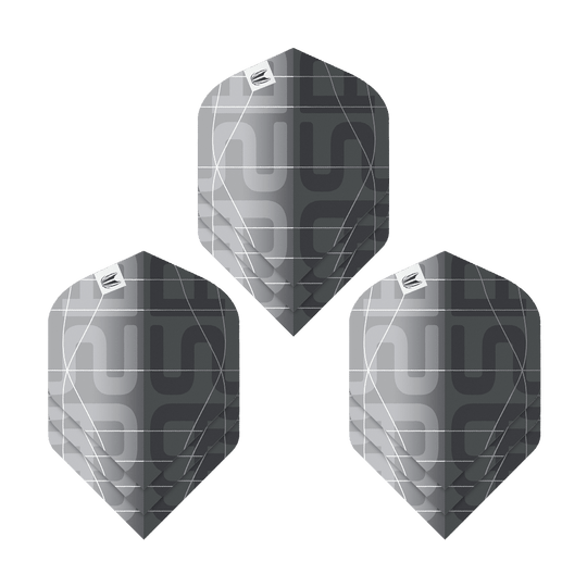 Standardní letky Target Pro Ultra Aspinall X Echo No2 - 3 sady Das Bild zeigt drei schwarze und graue Dartflights mit modernem Muster. Es handelt sich um das Produkt "Target Pro Ultra Aspinall X Echo No2 Standard Flights - 3 Sets".