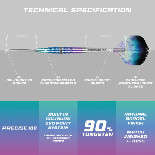 Přesné ocelové šipky Northern Lights 180 Zu sehen sind die Precise 180 Northern Lights Steeldarts. Diese Steeldarts überzeugen durch hochwertige Verarbeitung.