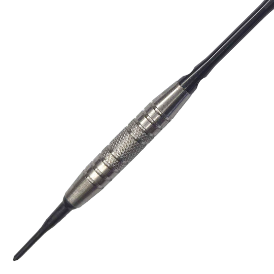 Měkké šipky McDart 85 Tungsten V6 - 16g Das Bild zeigt einen Softdart namens "McDart 85er Tungsten V6" mit einem Gewicht von 16 Gramm. Der Dart hat einen silbernen, strukturierten Griffbereich für besseren Halt.