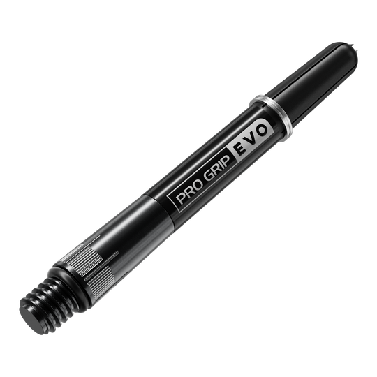 Dies ist ein schwarzer Dart-Schaft mit der Aufschrift "PRO GRIP EVO". Er besteht aus Metall und hat ein glänzendes Finish.