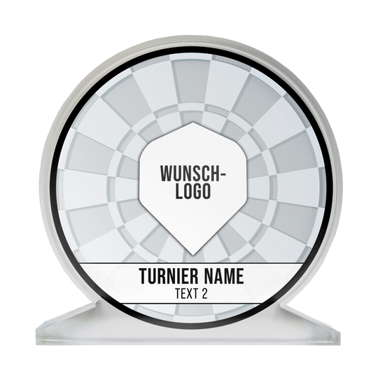 ACP-Weiss_Acrylglas_Pokal_mit_Wunschdruck_Logo_Weiss_1 Dies ist ein runder Acrylglas-Pokal mit einem modernen, geometrischen Design. In der Mitte steht "WUNSCH-LOGO" und darunter ist Platz für den Turniernamen und weiteren Text.