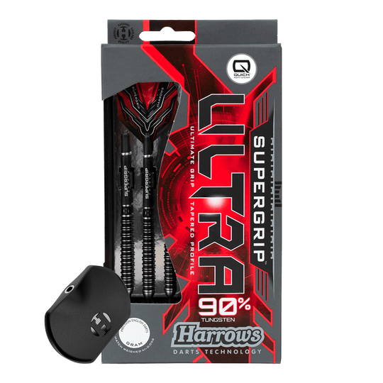 Šipky Harrows Supergrip Ultra Quick Point ocelové Hier wird das Harrows Supergrip Ultra Quick Point Steeldarts Set gezeigt. Die Features sind im Detail sichtbar.