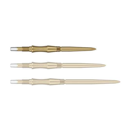 Das Bild zeigt eine Darts-Spitze von Target in Gold, vermutlich aus der Swiss Point Signature RST Serie mit 30mm Länge. Die Spitze hat ein detailliertes Design und reflektiert das Licht.