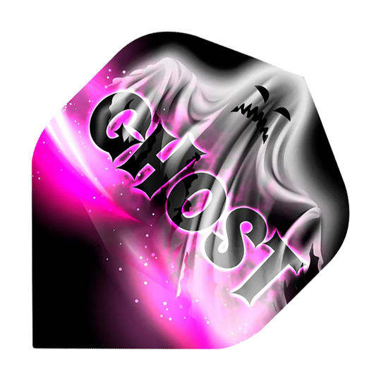 Standardní lety Mission Solo Bailey Marsh č. 2 Das Bild zeigt ein Dartflight mit einem Geistermotiv und dem Wort "GHOST" groß darüber geschrieben. Die Farben sind hauptsächlich Schwarz, Weiß und Pink.
