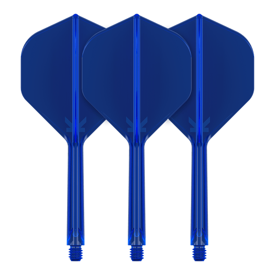 Standardní letový systém Target K-Flex No2 - modrý Auf dem Bild sind drei blaue Dart-Flights mit Schaft zu sehen. Sie stehen nebeneinander und haben eine standardisierte Form.