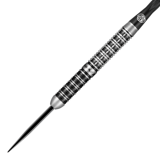 Ocelové šipky Niels Zonneveld V2 Das Bild zeigt einen Shot Niels Zonneveld V2 Steeldart. Der Dart hat ein silber-schwarzes, geriffeltes Design für besseren Halt.