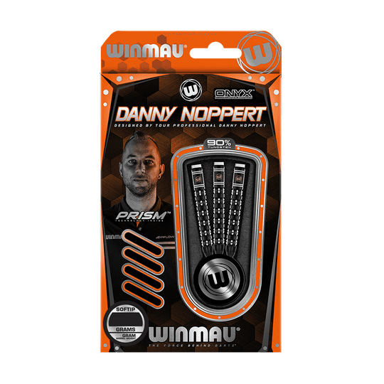 2459_Winmau_Danny_Noppert_Freeze_Edition_Softdarts_3 Auf dem Bild ist das Produkt „Winmau Danny Noppert Freeze Edition Softdarts - 20g“ zu sehen. Die Verpackung zeigt drei Darts mit schwarzem Design und das Porträt des Spielers Danny Noppert.