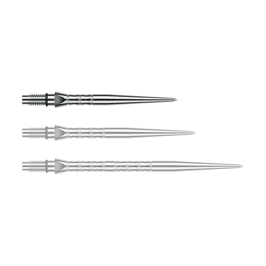 Ocelové hroty šipek Winmau Switch Point Wave - stříbrný efekt Das Foto zeigt Winmau Switch Point Wave Silver Effect Steeldartspitzen mit 26 mm. Die silberfarbenen Steeldartspitzen sind in der Nahaufnahme sichtbar.